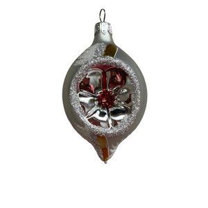 VINTAGE HAND PAINTED INDENT TEARDROP GLASS CHRISTMAS ORNAMENT Silver Red